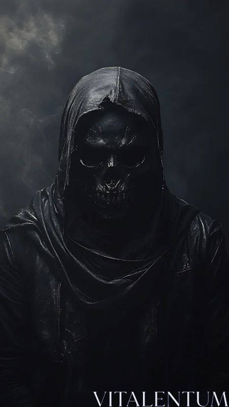 Midnight reaper in slick leather hood stalks the smoke.