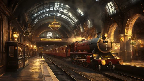 Steam locomotive departs vintage arched station in warm glow.