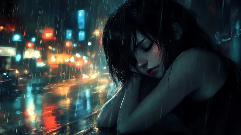 Melancholic girl resting alone in rainy neon city street.