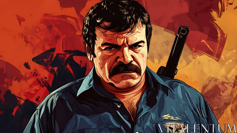 Tough officer glares ahead amid fiery abstract backdrop.