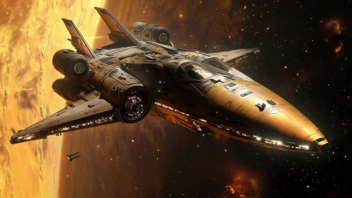 Golden starship gliding past a blazing cosmic horizon.