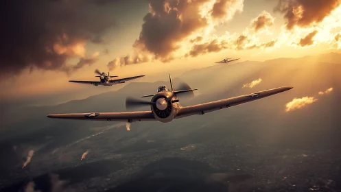 WWII fighter squadron cuts through burning sunset sky