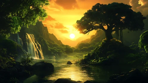Sunlit valley river with waterfall and large tree at dusk.