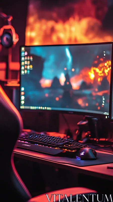 Cozy gaming desk glowing with vivid neon screen light.