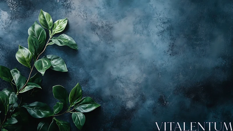 Deep green foliage rests against textured blue wall
