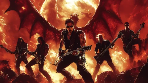 Rock band with guitars before large winged creature silhouette.