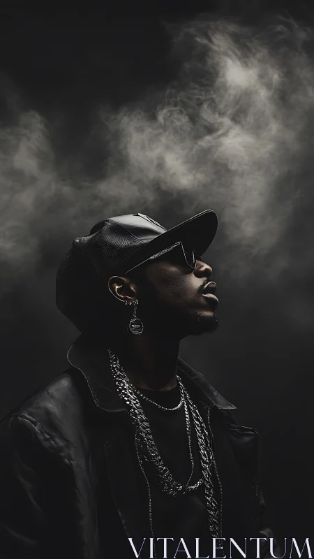 Photorealistic low-key portrait in atmospheric smoke field.