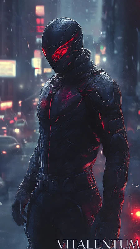 Armored humanoid figure stands in neon lit urban night scene