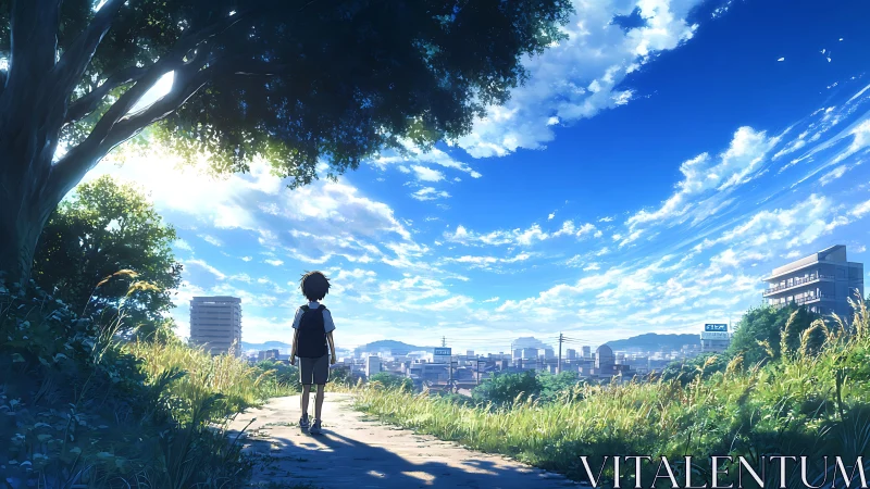 Boy on hill path watches summer city under vivid sky