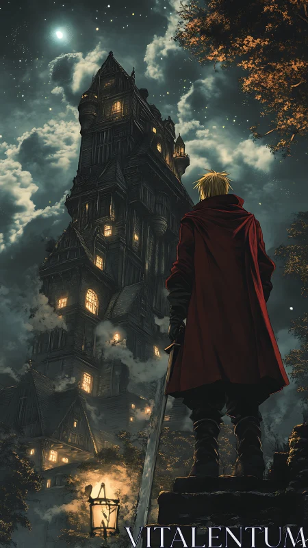 Lone swordsman confronts towering moonlit gothic fortress.