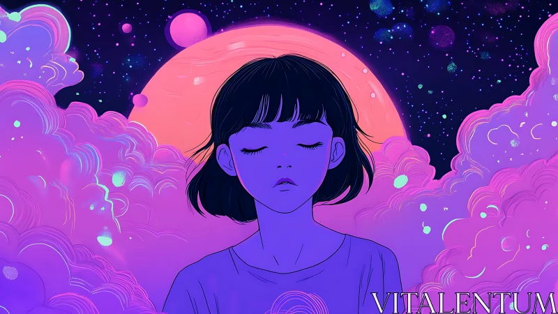 Dreamy girl drifting through neon cosmic clouds at night.