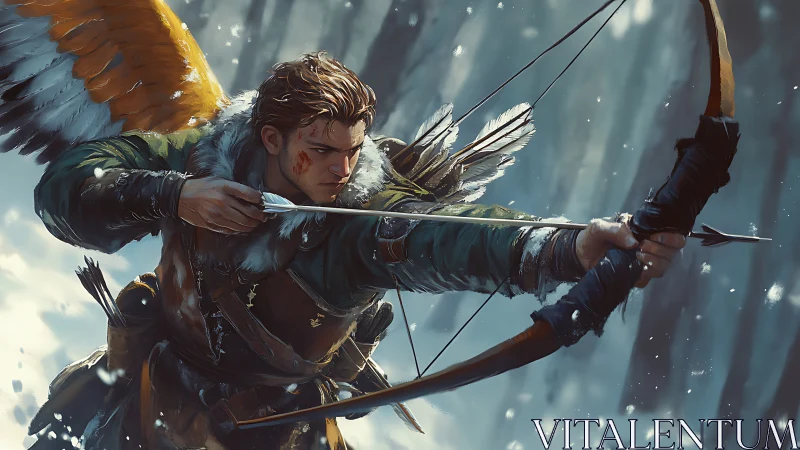 Winged forest archer drawing a focused shot in snow.