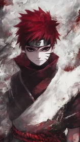 Red haired anime figure in layered cloak stands frontally posed