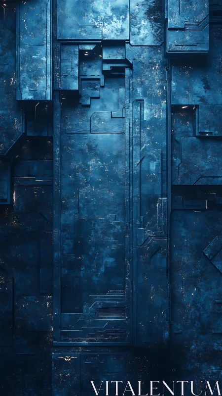 Moody blue sci fi wall with softly glowing circuit lines.