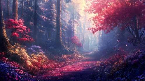 Enchanted Forest Corridor: Neon Autumn Landscape.