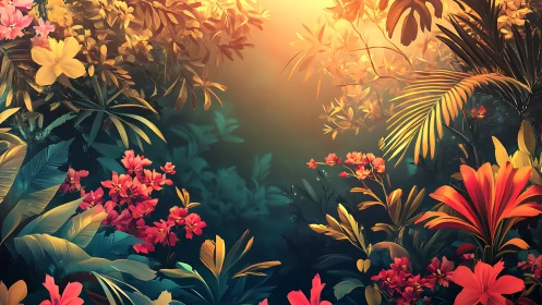 Tropical Garden Sunset with Vibrant Flowers and Palm Fronds