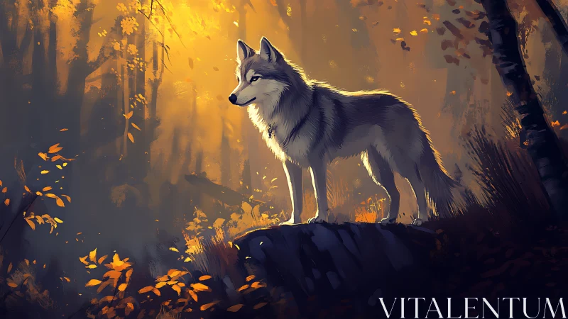 Luminous wolf silhouette on autumnal forest ridge platform.