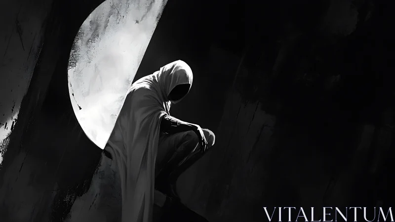 Cloaked sentinel in lunar aperture, high contrast chiaroscuro.