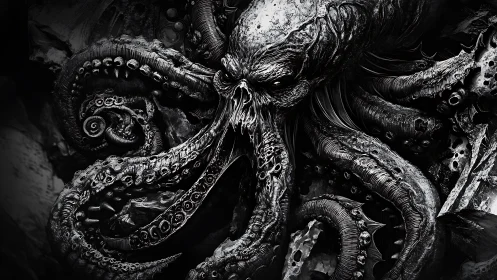 Monochrome eldritch cephalopod rendered with hyper-detailed textures