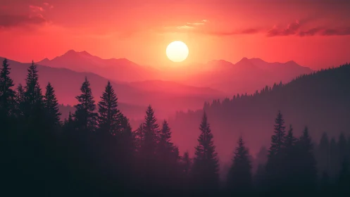 Sun sets over layered mountain ridges and dense conifer forest