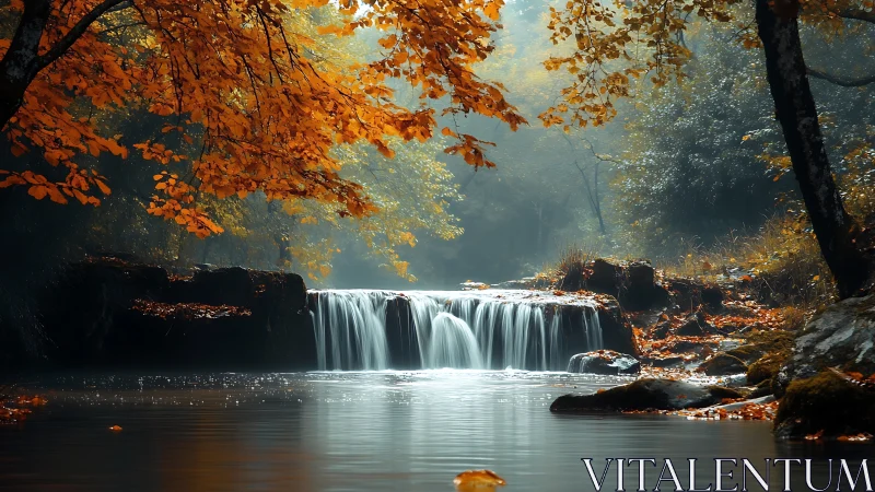 Golden autumn trees embrace a gentle woodland waterfall