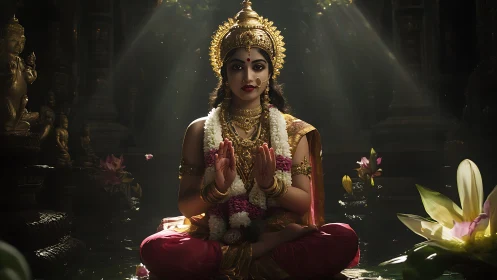 Divine goddess meditates amid lotus pond in dim temple light