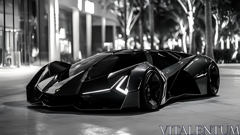 Low-angle view shows angular black supercar in urban plaza