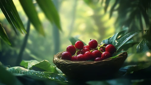 Rain-kissed jungle cherries resting in a woven forest cradle.