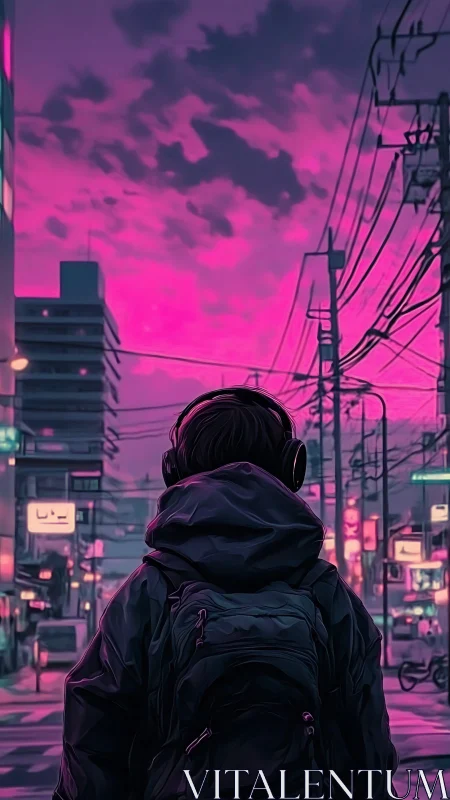 Hooded listener surveys neon dusk cityscape in magenta tones