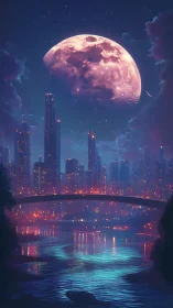 Gigantic magenta moon dominates neon-lit river city skyline