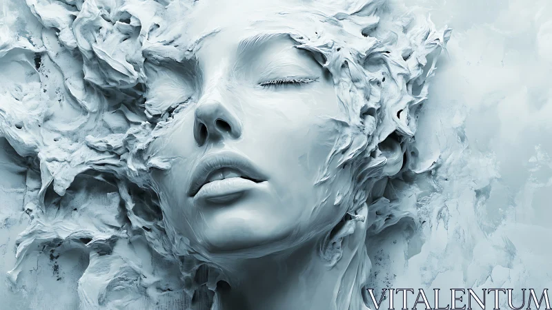 Sculpted face emerges from swirling white abstract textures