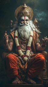 Regal Hindu sage sits enthroned in divine golden radiance