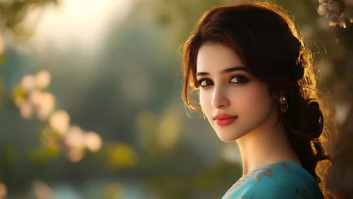 Soft backlit portrait renders serene feminine elegance