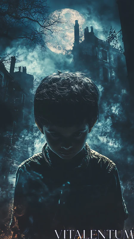 Sinister child silhouette before haunted moonlit ruins.