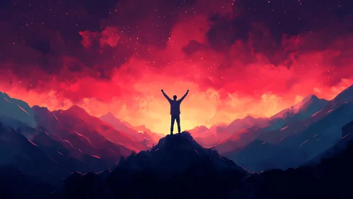 Silhouette on summit under vivid crimson cosmic sunrise.