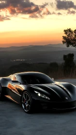 Black sports car parked on open road at sunset