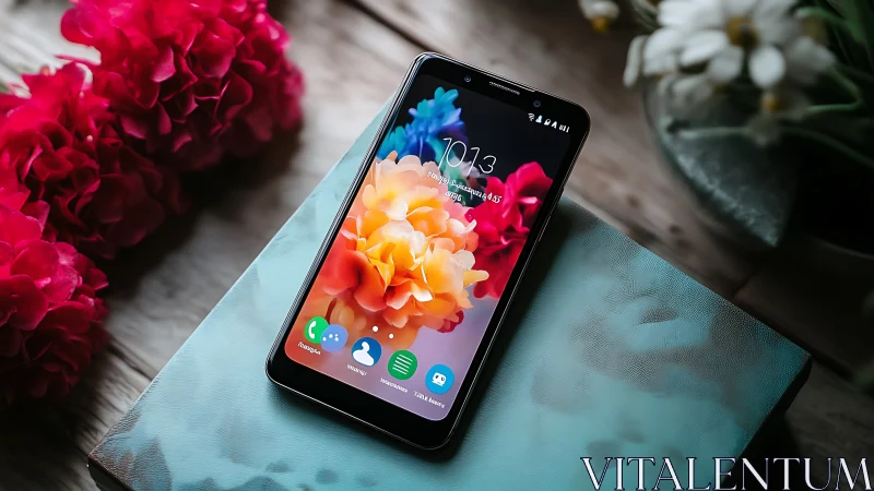 Smartphone on turquoise pillow with flowers.