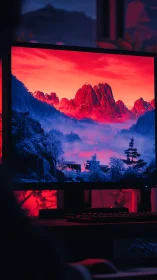 Ultrawide monitor displays neon red mountainscape scene.