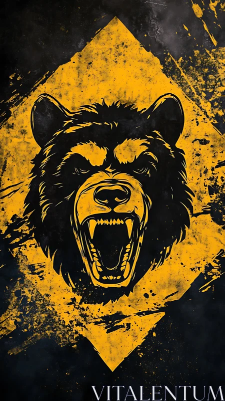 Roaring bear head graphic centered on yellow grunge diamond