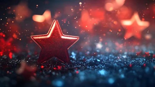 Shimmering Red Star with Glittery Bokeh in Festive Atmosphere.