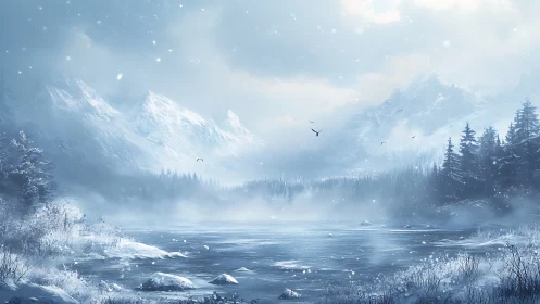 Snowy alpine lake under misty peaks and drifting snowflakes.