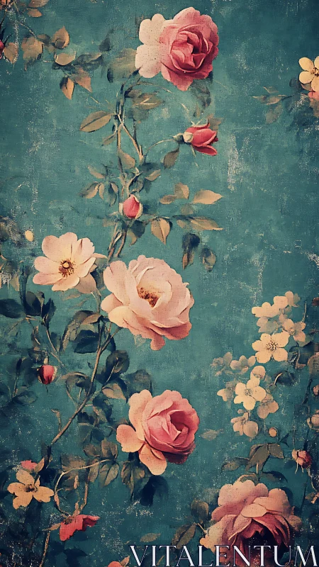 Vintage floral wallpaper with pink roses on distressed teal field