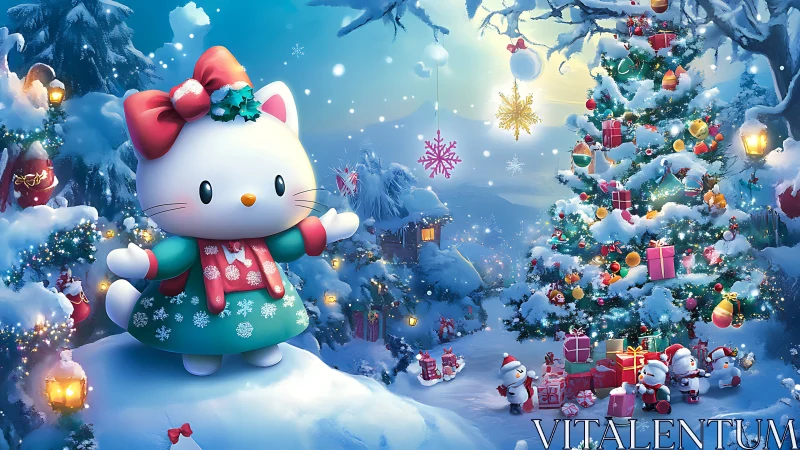 Sweet winter kitty welcomes a sparkling Christmas wonderland.