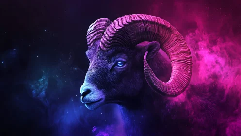 Ram head in neon blue and magenta cosmic environment.