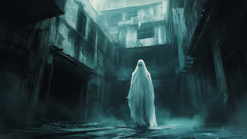 Ghostly figure in decayed urban alley under teal fog.