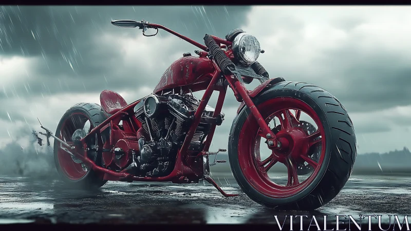 Storm-lit red custom chopper motorcycle on wet asphalt.