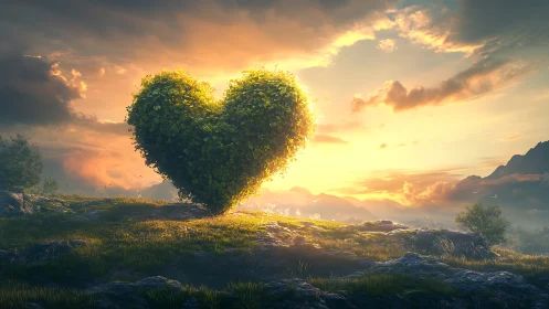 Heart-Shaped Tree Glows Beneath Golden Sunset Sky