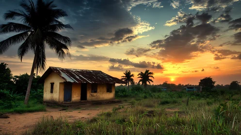 Rural farmhouse basks in warm tropical sunset light