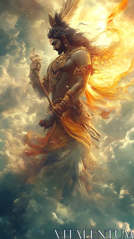 Divine warrior figure rendered in glowing atmospheric clouds