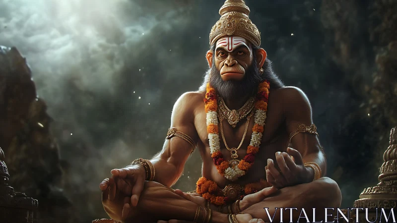 Divine monkey sage sits in radiant calm amid sacred ruins